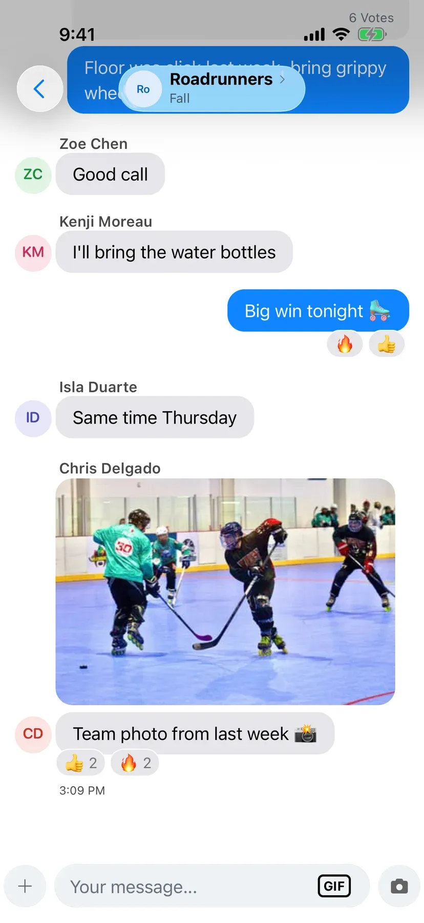BenchApp team chat with shared photos and GIFs