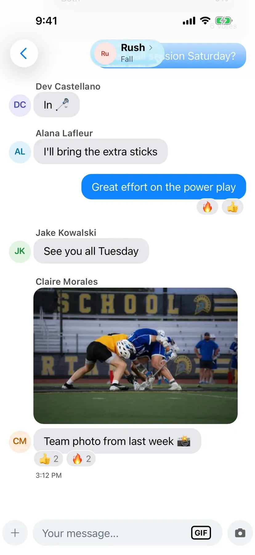 BenchApp team chat with shared photos and GIFs