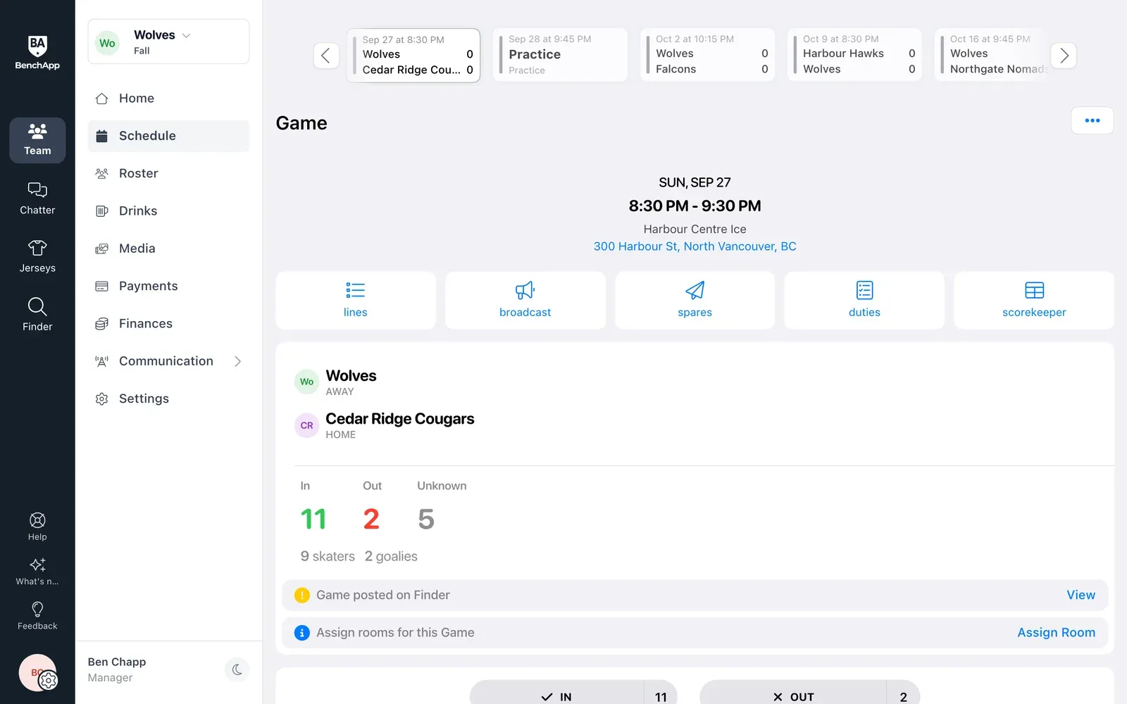 BenchApp on a computer: a game with its date, location and who's coming