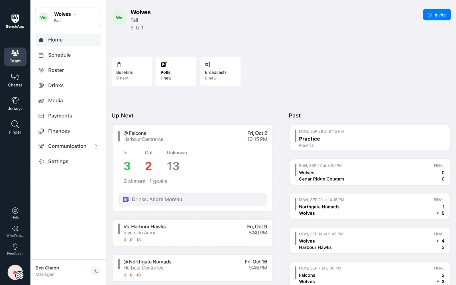 BenchApp on a computer: the team Home page with Bulletins, Polls and Broadcasts