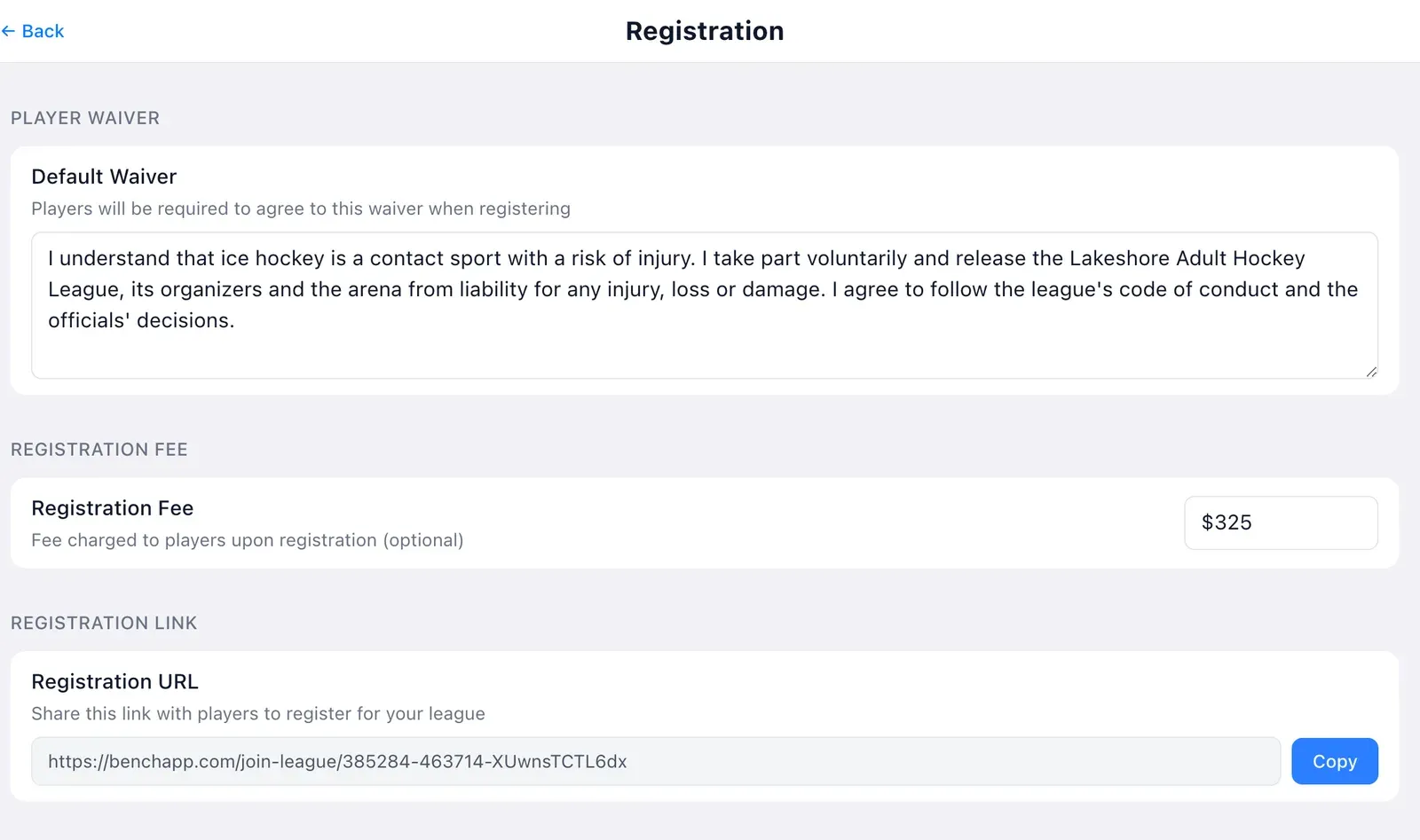 BenchApp league registration settings: the player waiver, registration fee and sign-up link