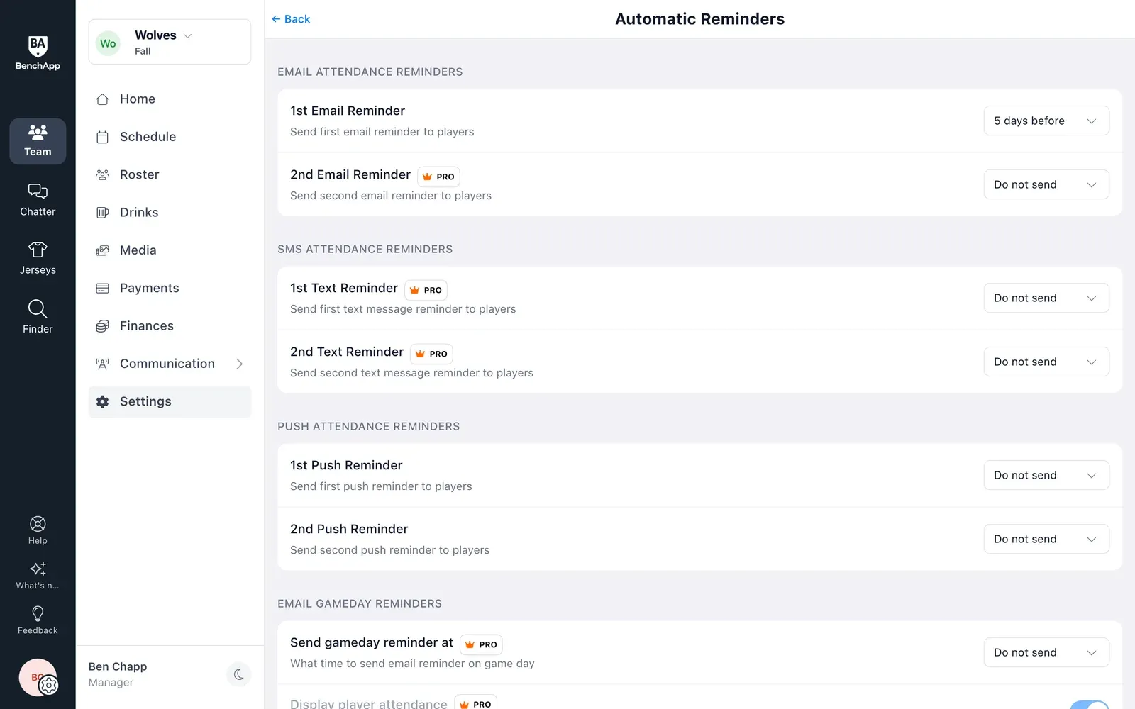 BenchApp on a computer: Automatic Reminders for email, text message and push notifications