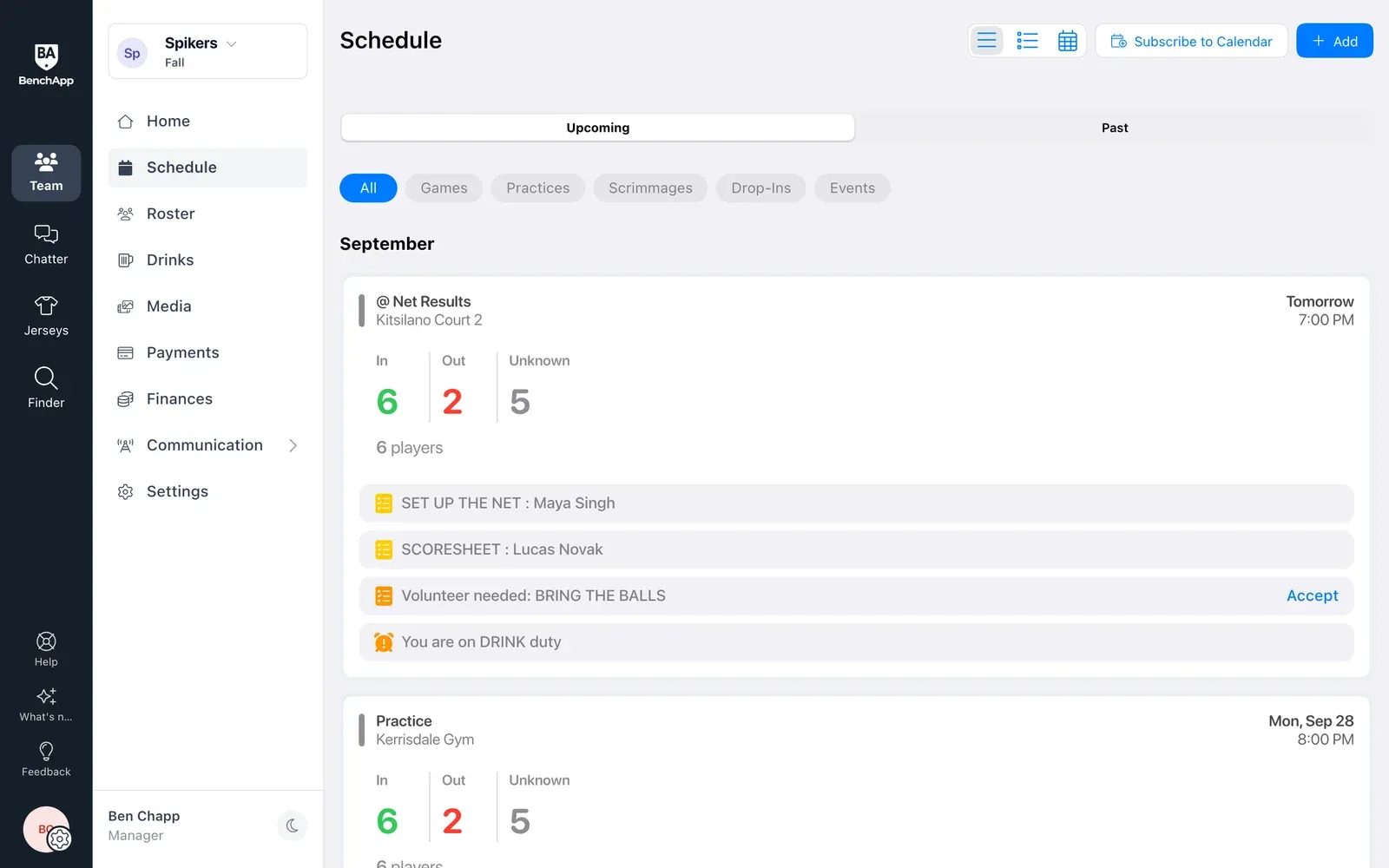 BenchApp on a computer: the team schedule with RSVP counts