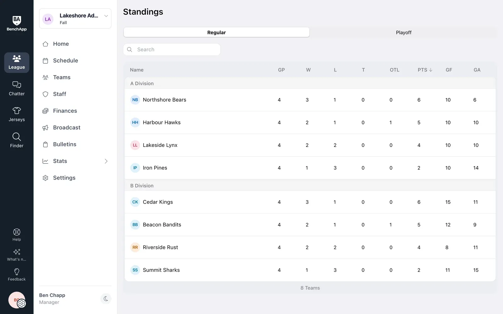 BenchApp on a computer: league standings by division