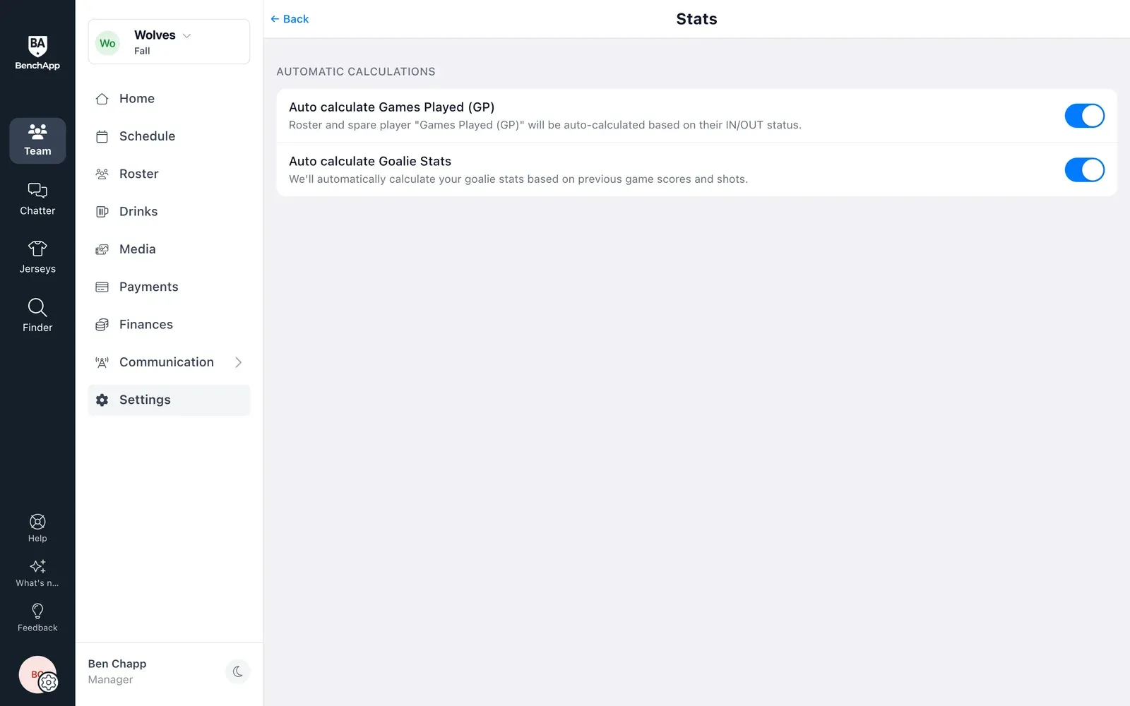 BenchApp on a computer: Stats settings to auto calculate games played and goalie stats