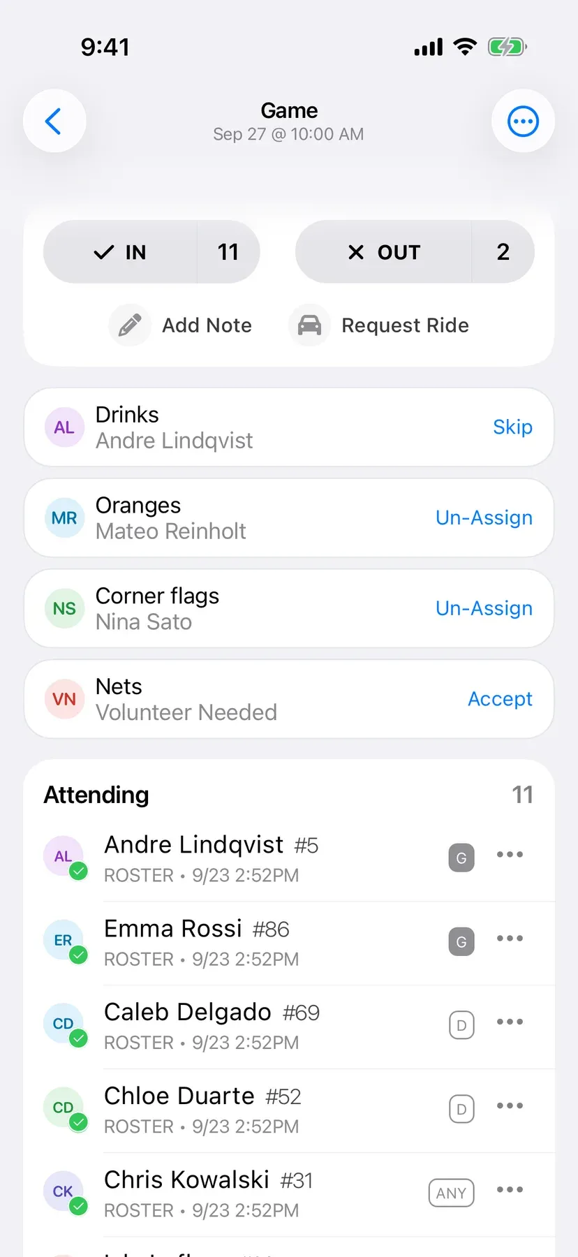 BenchApp duties screen with team jobs assigned to players