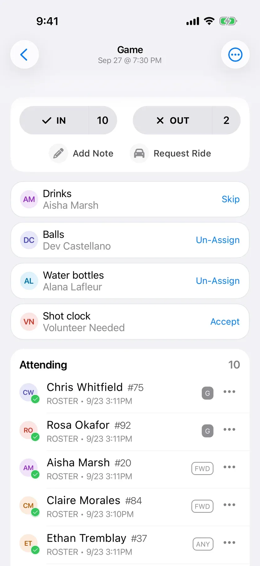 BenchApp duties screen with team jobs assigned to players