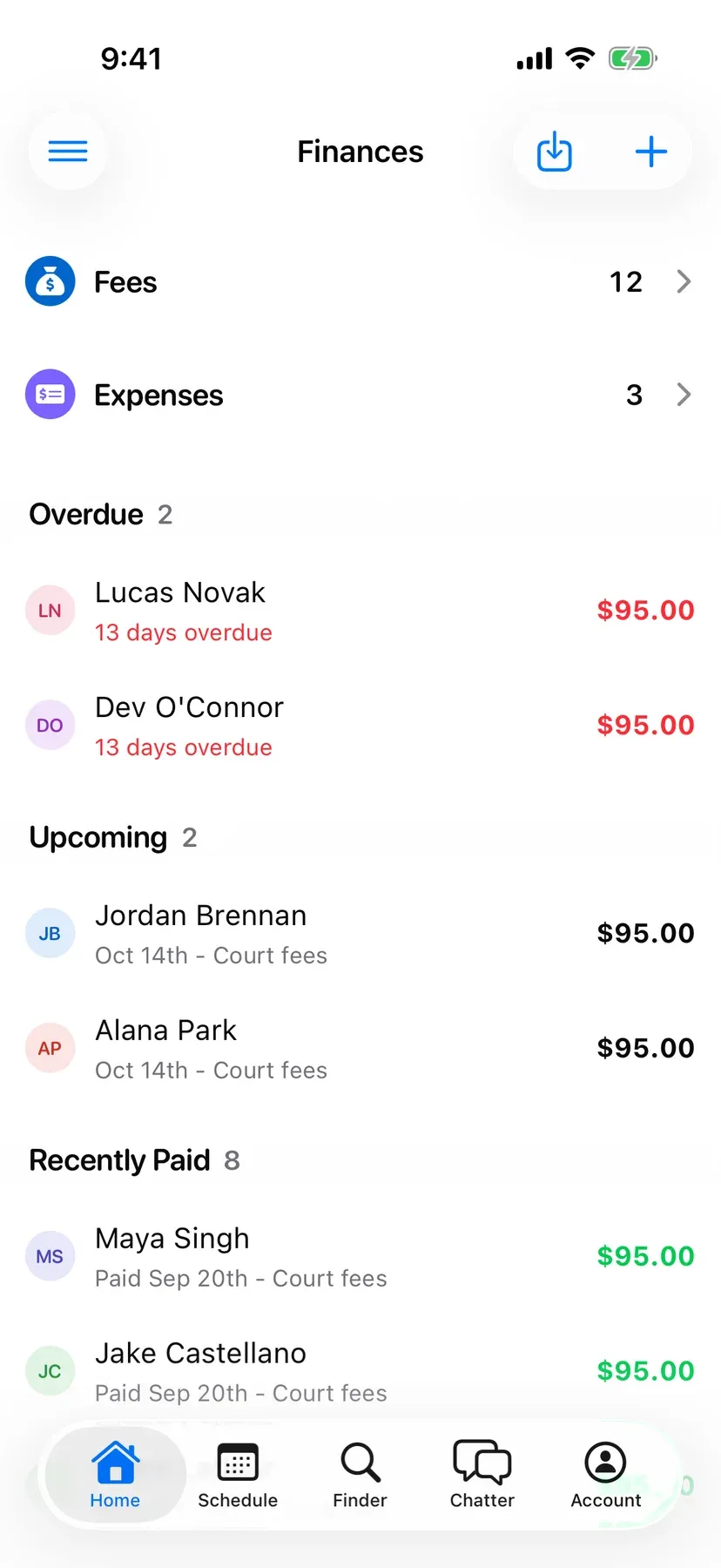 BenchApp finances screen showing fees collected and players who still owe