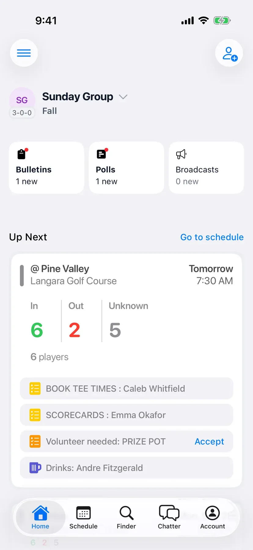 BenchApp team home screen with the next game and who's coming