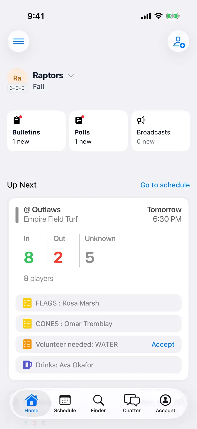 BenchApp team home screen with the next game and who's coming