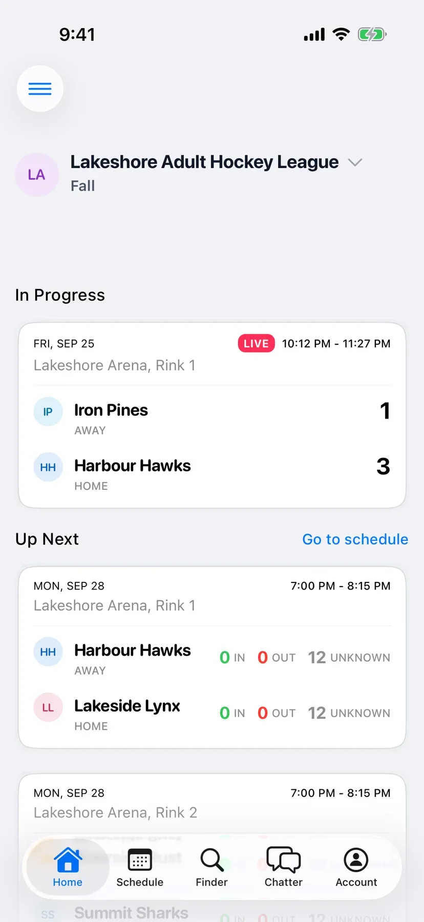 BenchApp league home on a phone: the game in progress, what's up next, and recent scores