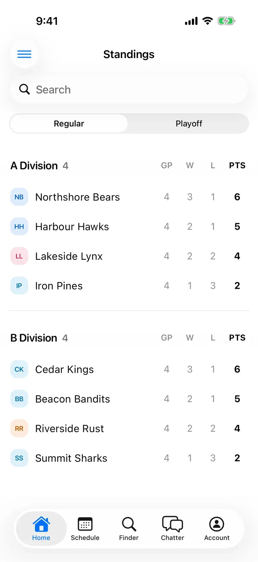 BenchApp league standings on a phone, grouped by division
