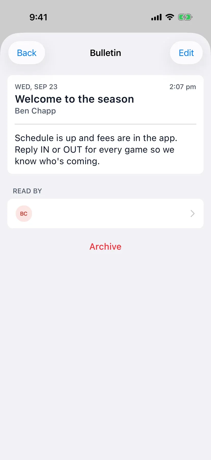 BenchApp on a phone: a team bulletin with its Read by list
