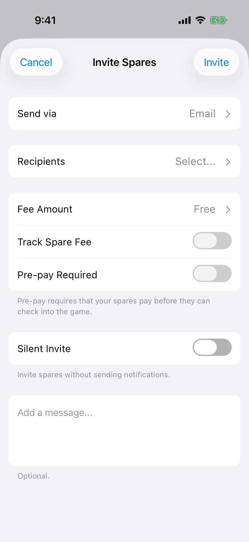 BenchApp on a phone: Invite Spares with Send via, recipients and a spare fee