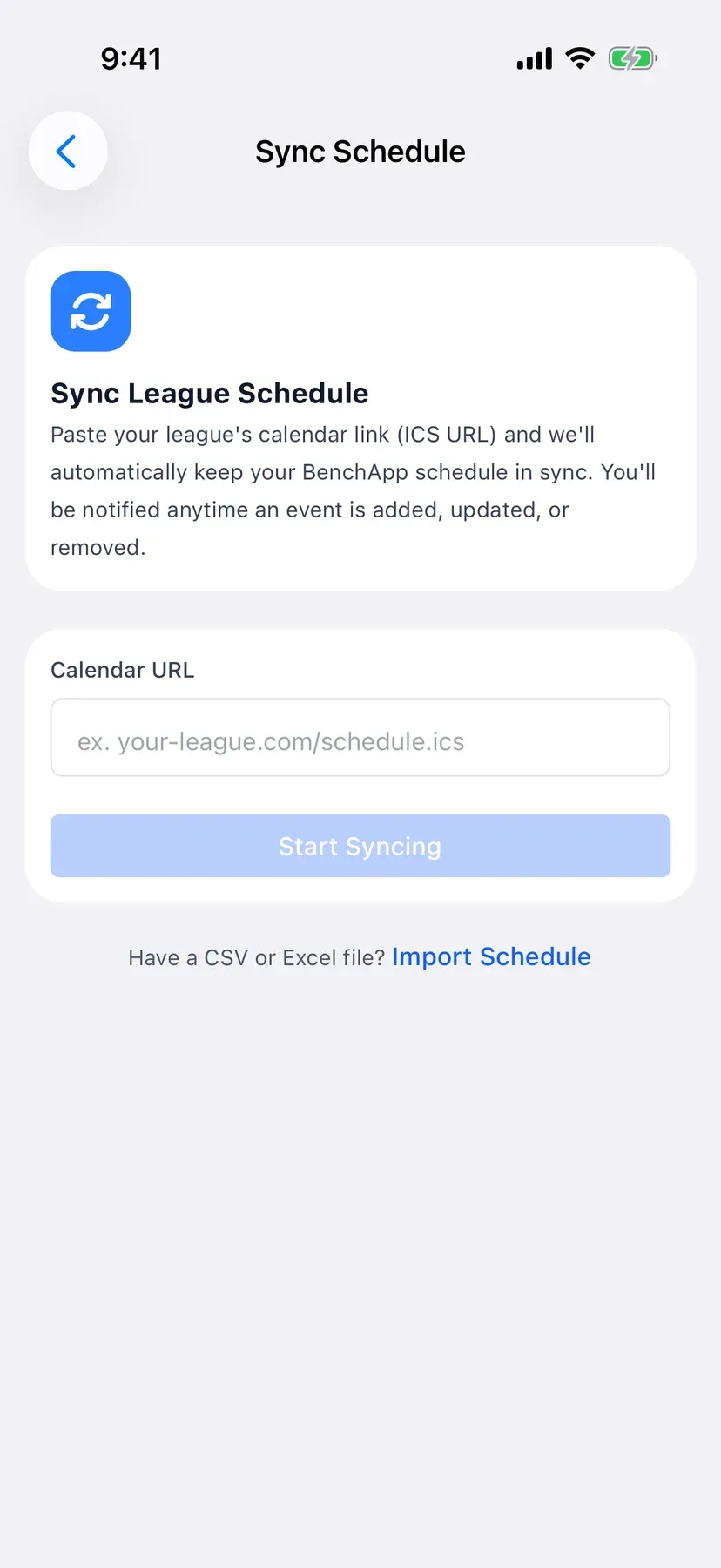 BenchApp on a phone: Sync League Schedule