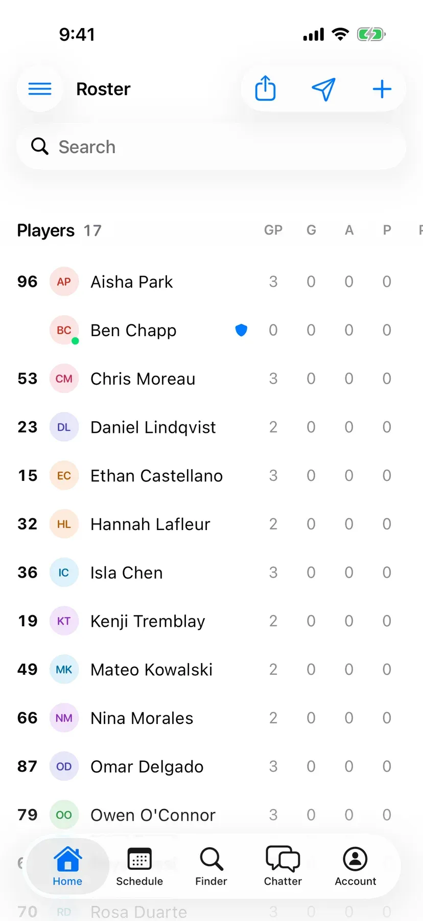 BenchApp roster screen listing the team's players