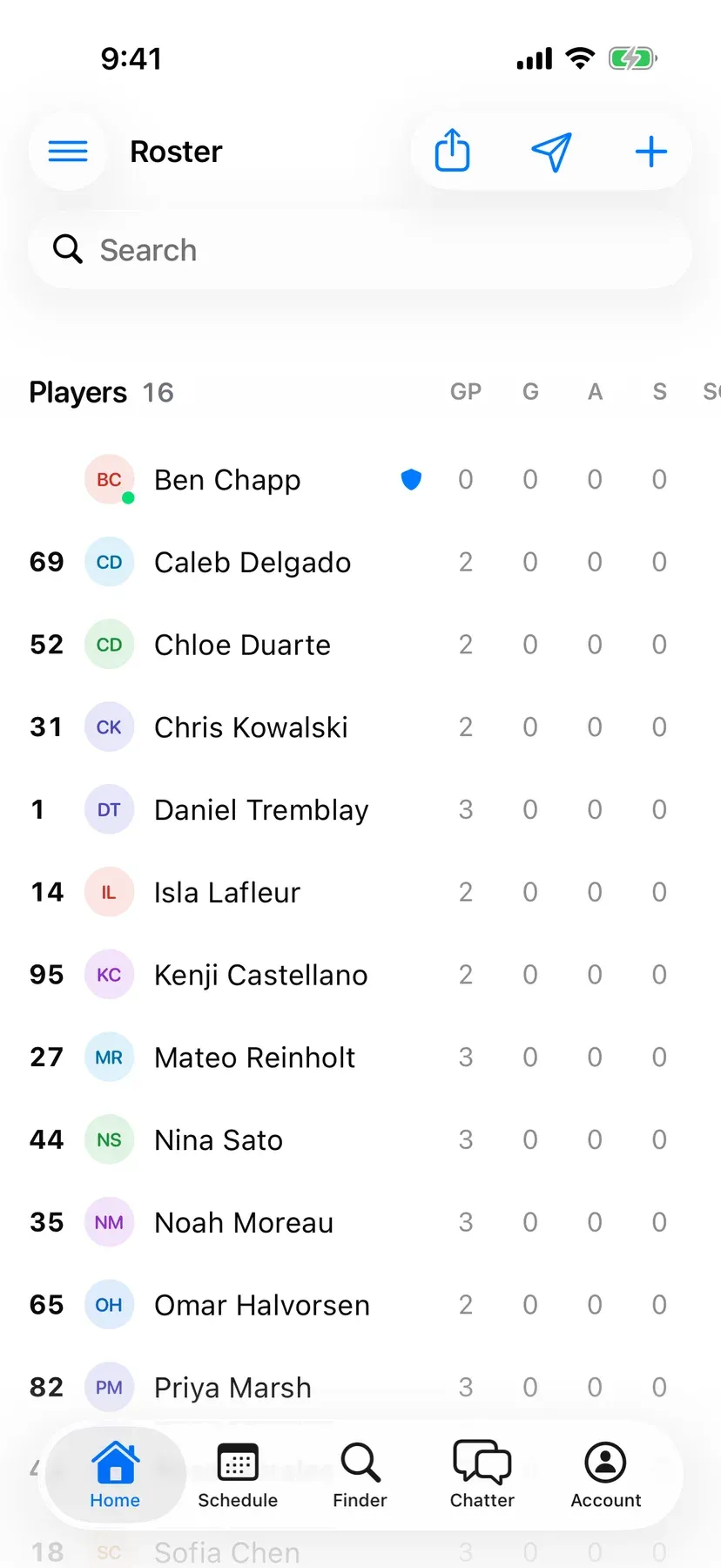 BenchApp roster screen listing the team's players