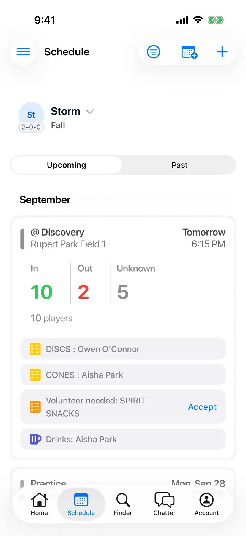 BenchApp schedule screen with upcoming games and RSVP counts