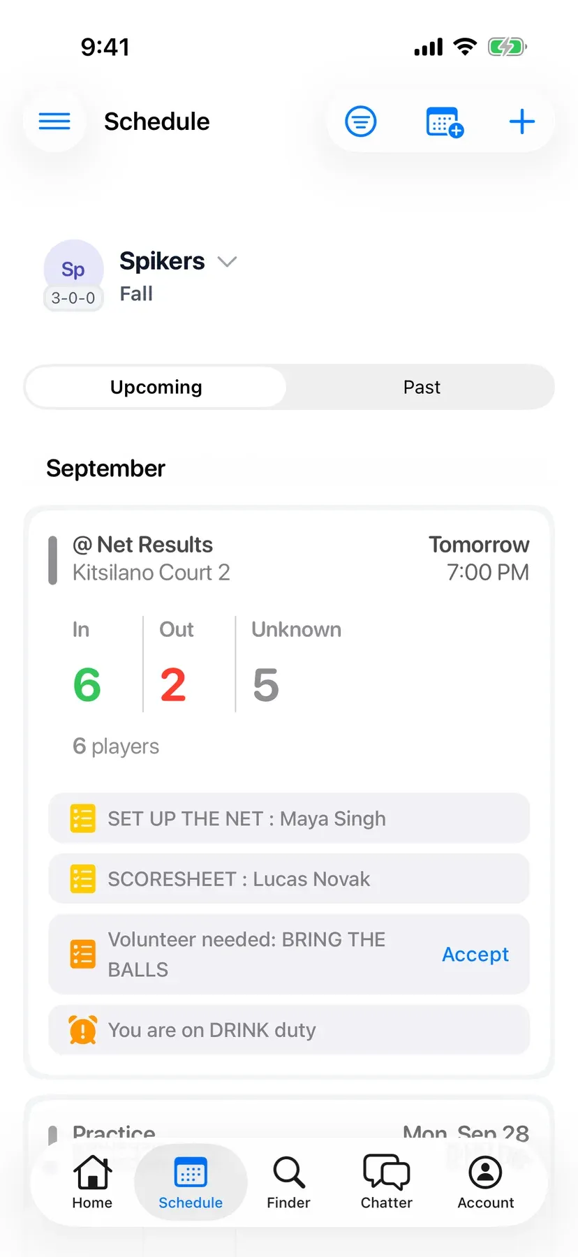 BenchApp schedule screen with upcoming games and RSVP counts