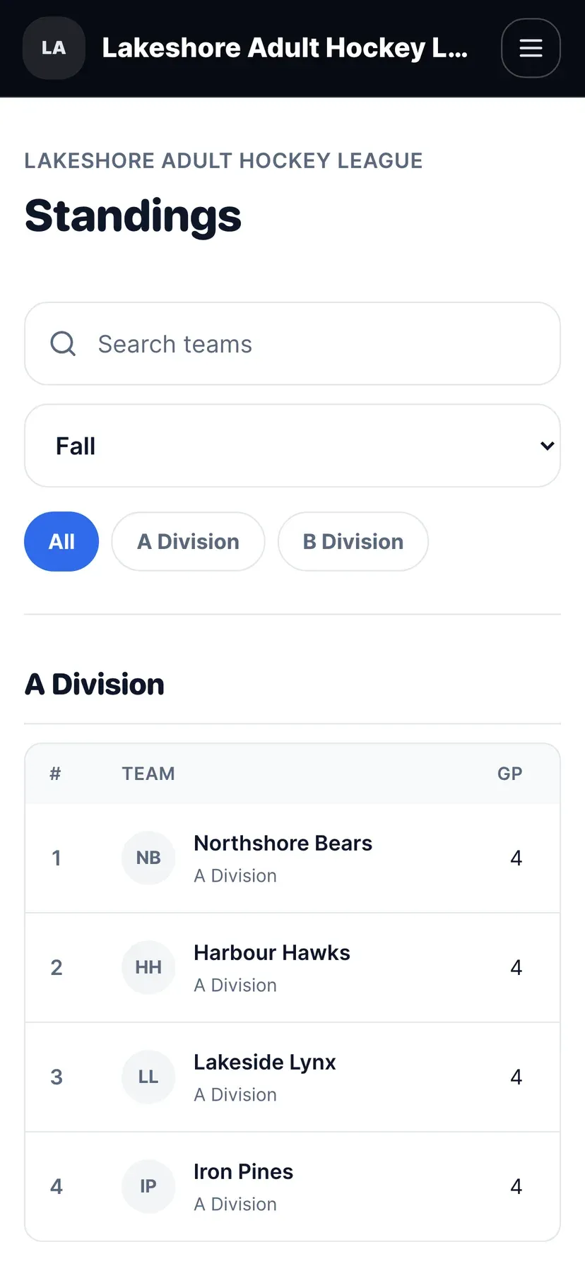 A league's public website on a phone: standings
